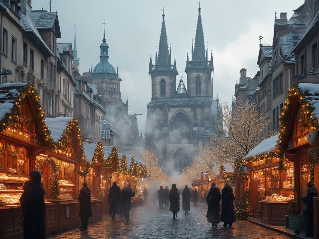 Panoramic view of Strasbourg's historic cathedral square filled with festive market chalets, twinkling lights, and people enjoying the Christmas market season at the Christkindelsmärik