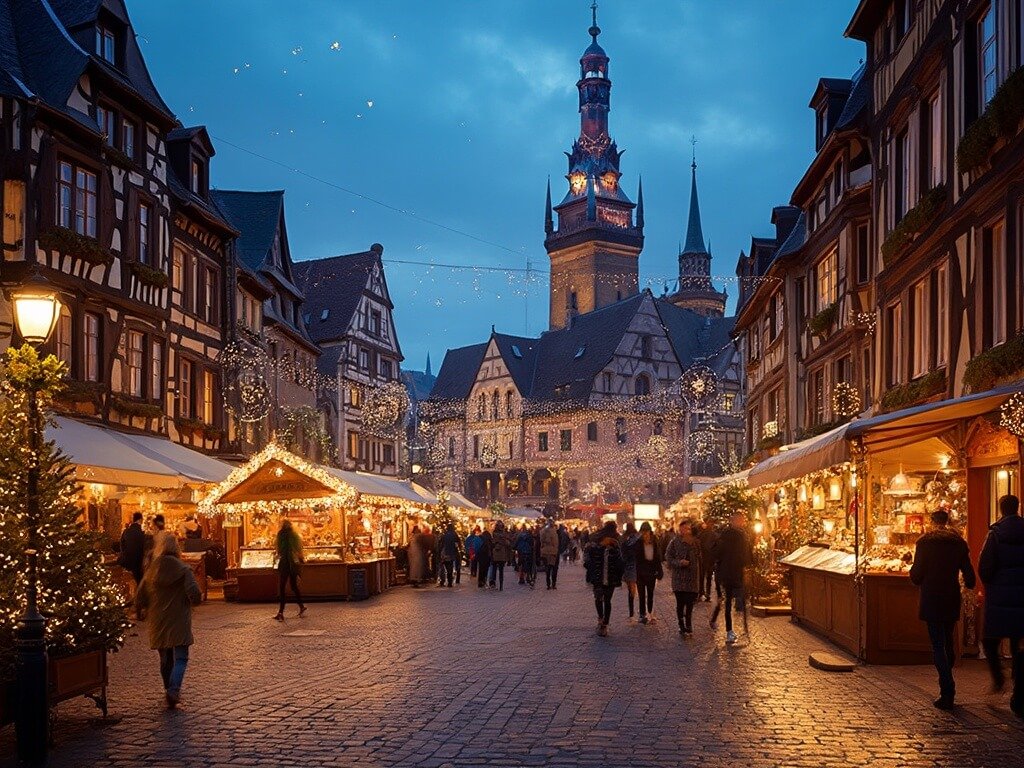 Panoramic evening view of Strasbourg's historic market square with Christmas lights reflecting on cobblestone streets and half-timbered buildings, festive decorations and market stalls creating a magical holiday scene
