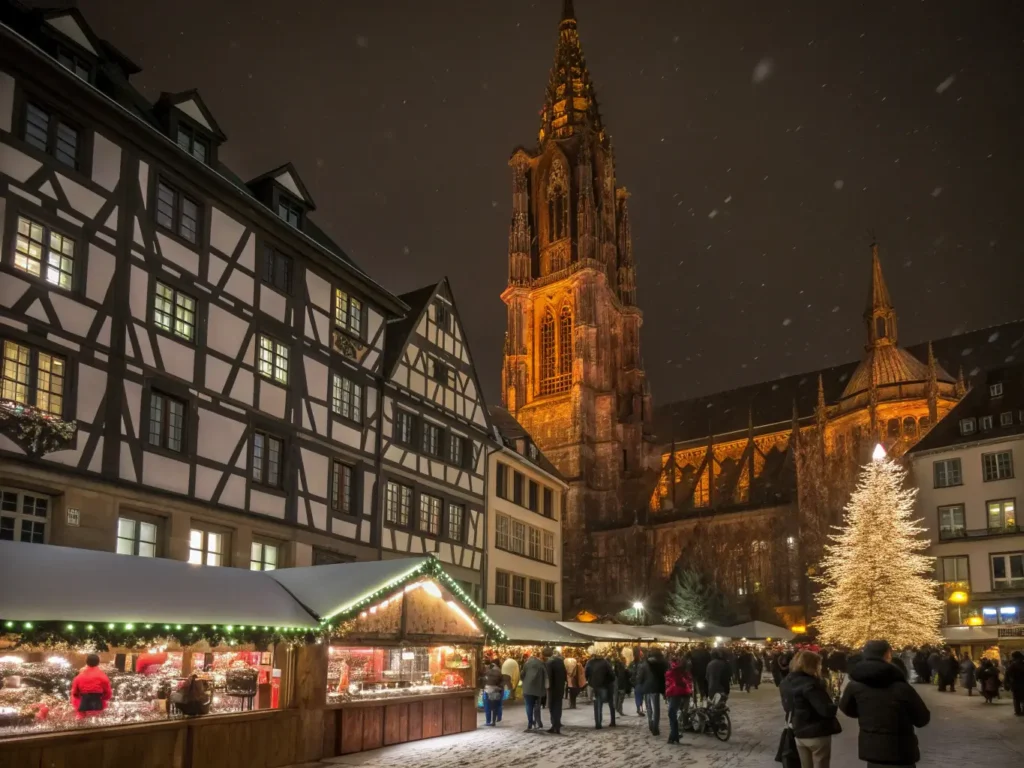 "Strasbourg Cathedral with glowing Gothic spire and Christmas market at night, with snow, festive lights, and holiday decorations."