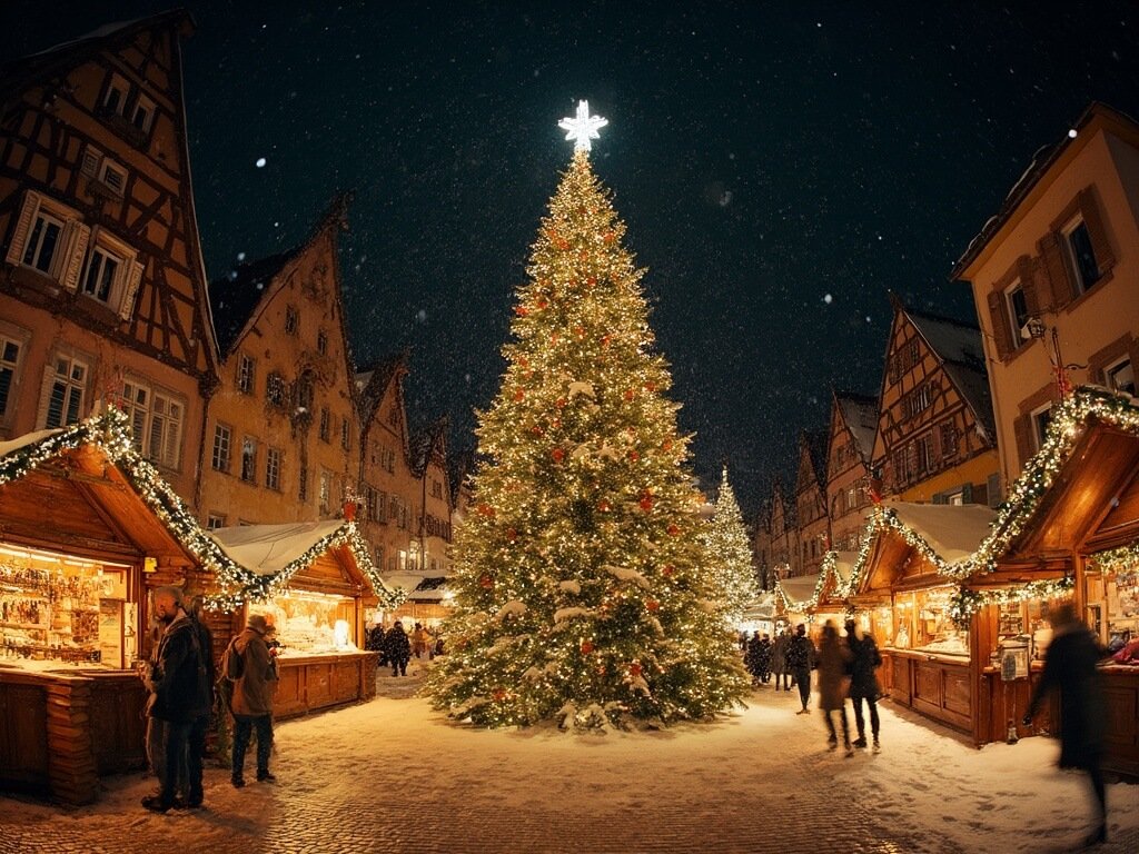 Illuminated 30-meter Christmas tree at Place Kleber during night with surrounding wooden market chalets and snowfall, reflecting the winter atmosphere of Strasbourg's Christmas market