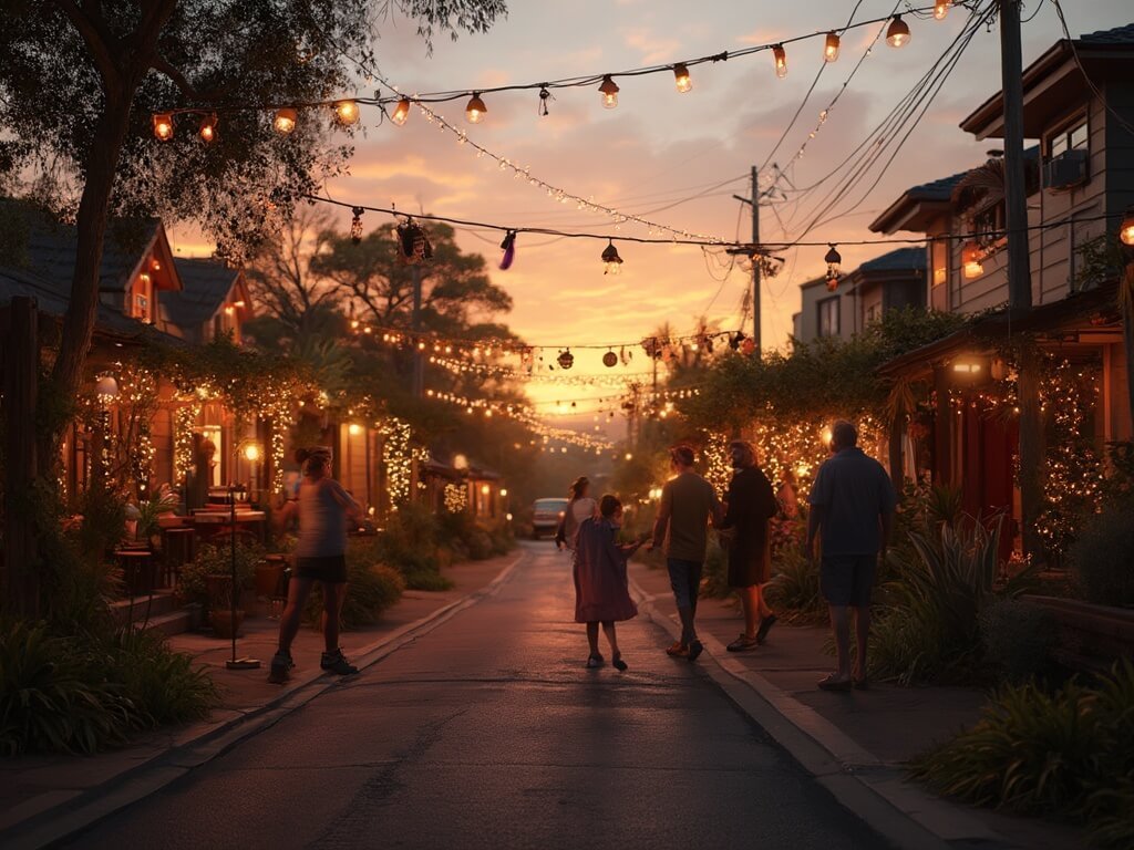 Sustainable eco-friendly Christmas decorations adorn a neighborhood street at sunset, local residents mingling at a community barbecue, with twinkling string lights suspended above them and Australian native vegetation framing the scene.