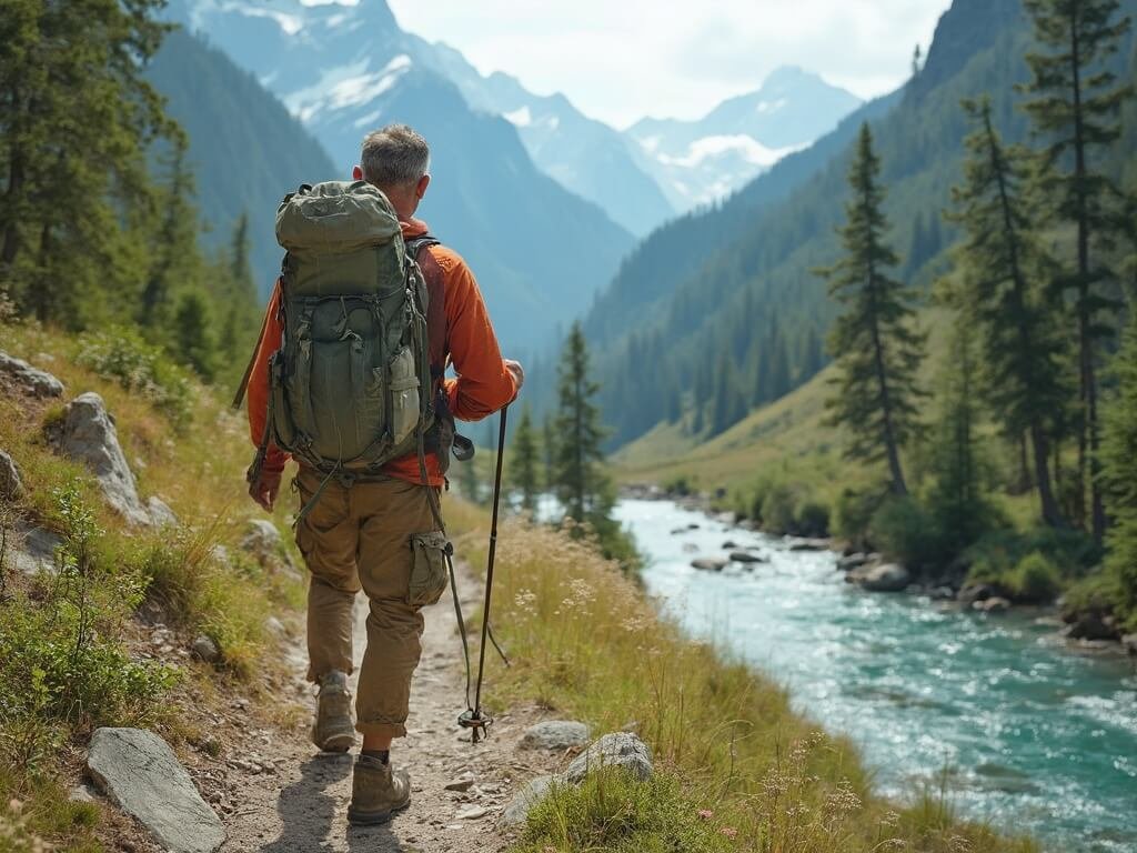 Responsible traveler in earth-toned gear on marked hiking trail, promoting sustainable tourism practices with untouched wilderness and clear mountain stream in the background