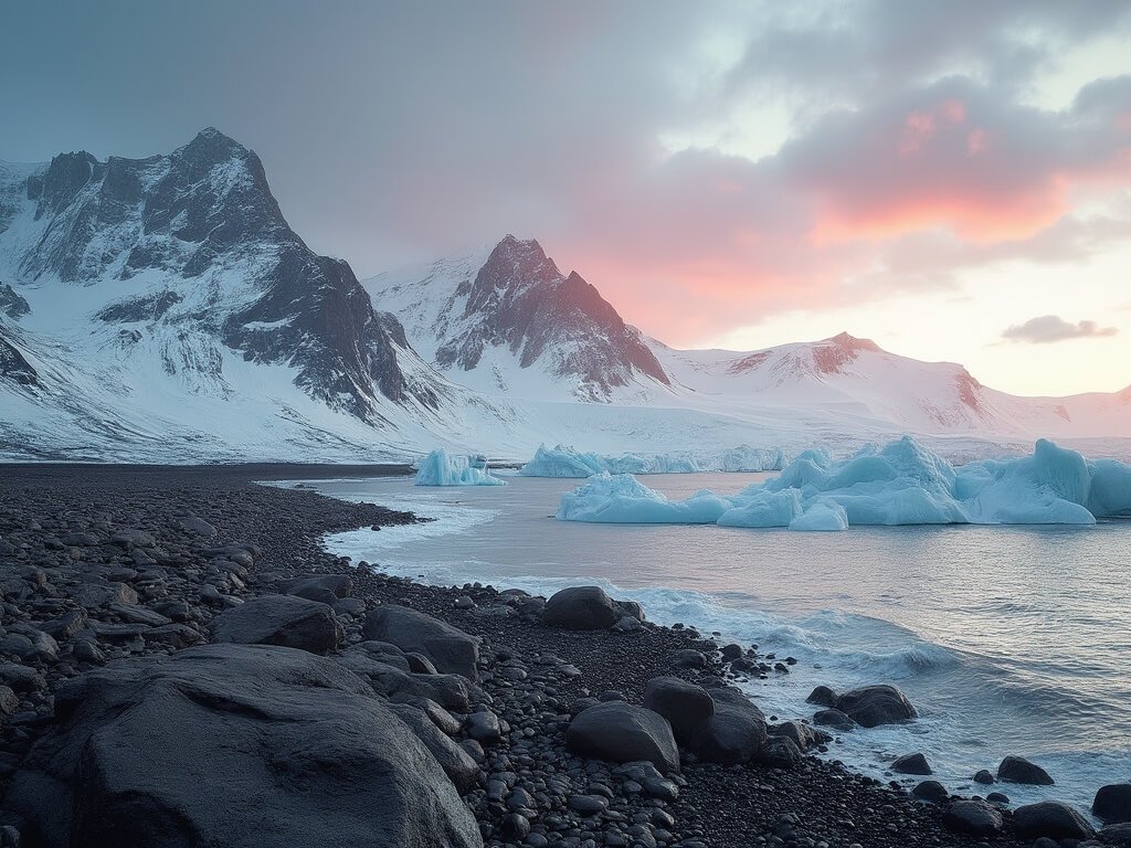 Svalbard's Arctic terrain with snow-covered mountains, glacial ice formations, and rocky coastline under daylight sky with golden-red lighting