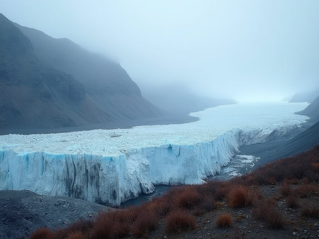 Dramatic landscape of receding glaciers in Svalbard showing effects of climate change, with sparse Arctic vegetation and ethereal blue-white melting ice