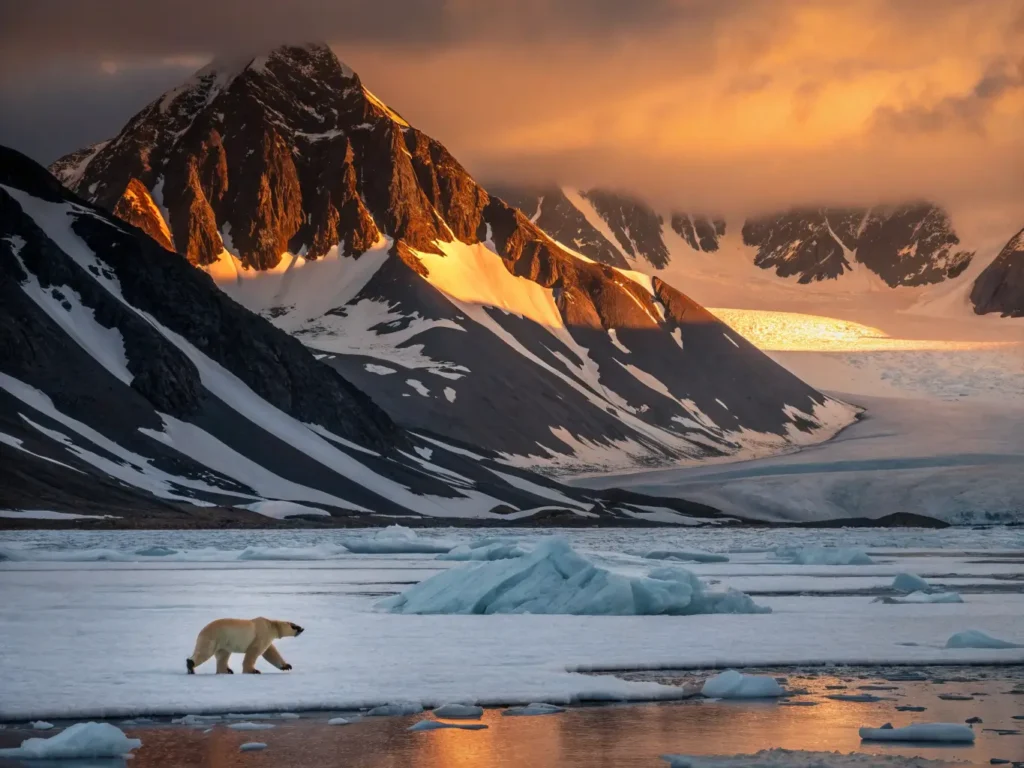 "Polar bear traversing icy landscape under 24-hour summer sun in Svalbard, Norway with glacial mountains and fjords in the background"