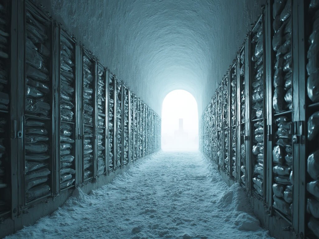 Interior view of Svalbard Global Seed Vault with rows of sealed containers preserving genetic diversity