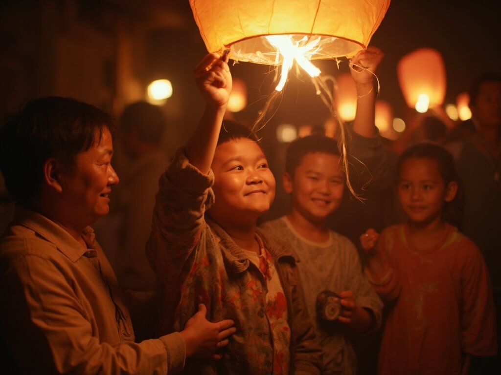 Taiwanese family of different generations releasing a lantern at night, dressed in traditional clothing, expressions of anticipation and hope on their faces, under soft ambient lighting