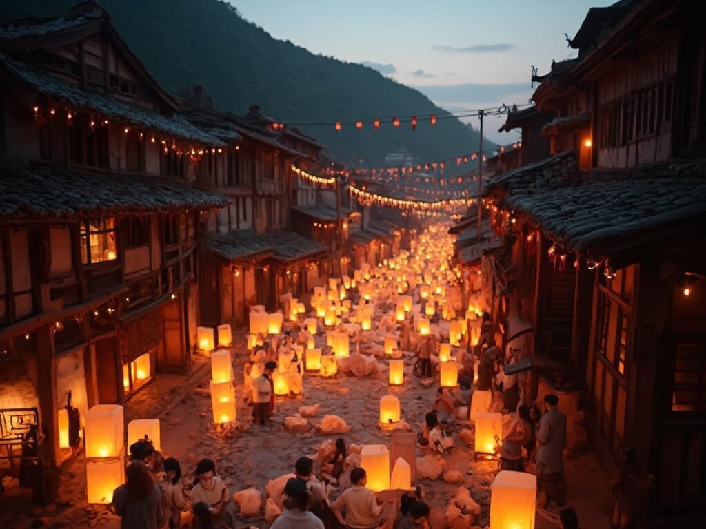 Crowded mountain village street in Taiwan at twilight, with locals in traditional attire preparing hundreds of paper sky lanterns under soft warm lighting.