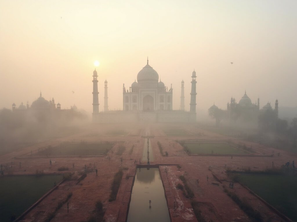 Dawn over Taj Mahal complex with misty atmosphere and soft diffused light