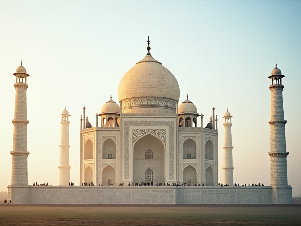 Early morning view of Taj Mahal's white marble exterior glowing in sunlight against a pale blue sky with few visitors