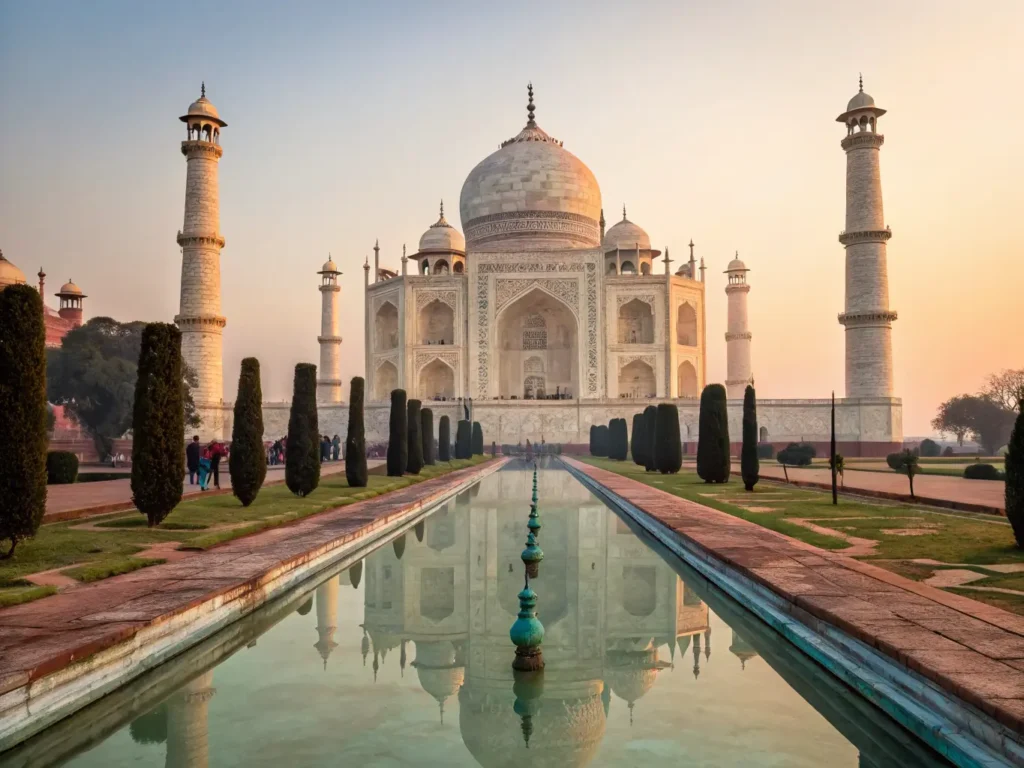"Taj Mahal bathed in soft golden light at sunrise, reflecting in pool with Mughal gardens and morning mist, showcasing symmetrical design and intricate Islamic calligraphy, Agra, India."