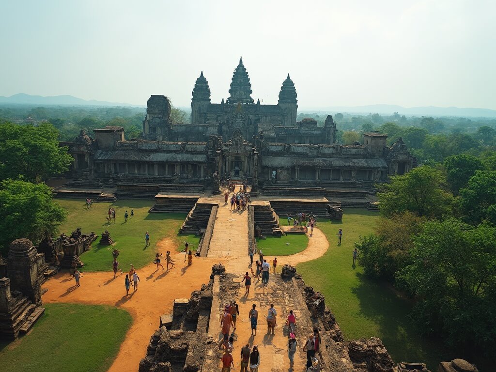 Tourists walking on designated paths in a temple complex, illustrating the balance between preservation and access, with lush Cambodian vegetation in the background