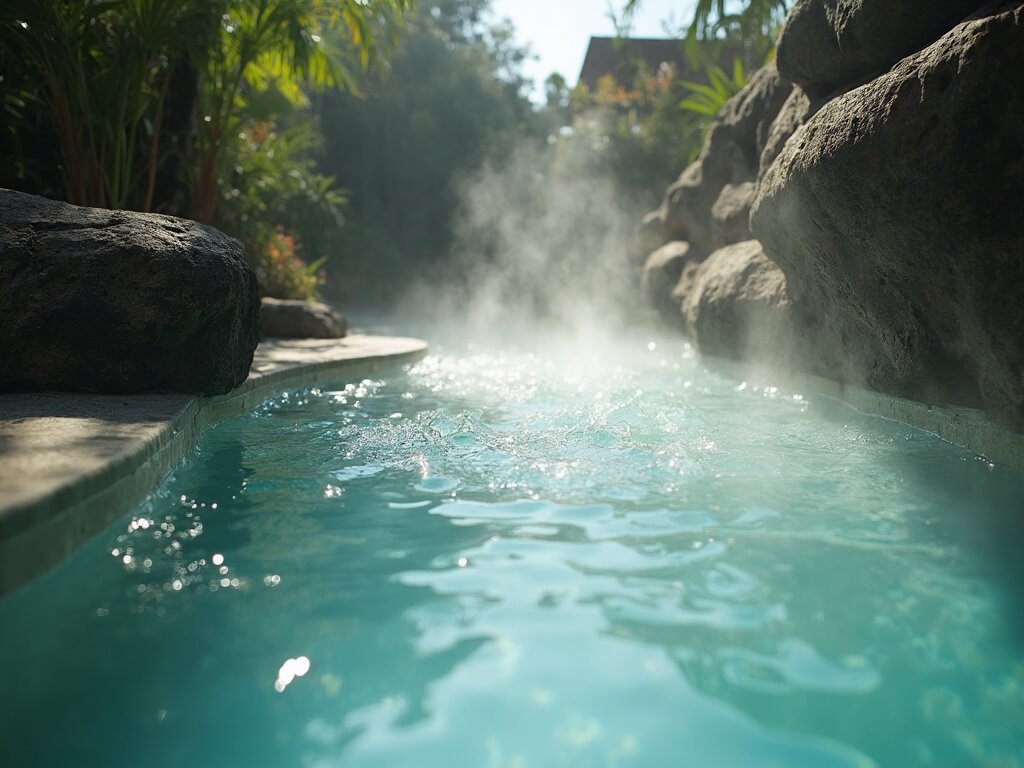 Close-up of thermal spa pool at Negombo Gardens with steam rising from clear mineral-rich water, surrounded by volcanic rock formations and Mediterranean vegetation in soft natural lighting