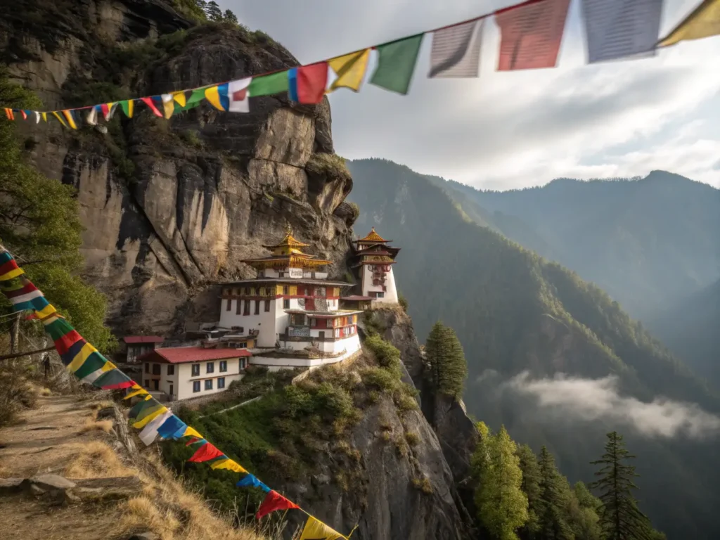 "Bhutan's Tiger's Nest Monastery perched on a cliff above the valley, surrounded by mist and clouds with Buddhist prayer flags in the foreground and misty mountain peaks in the background."