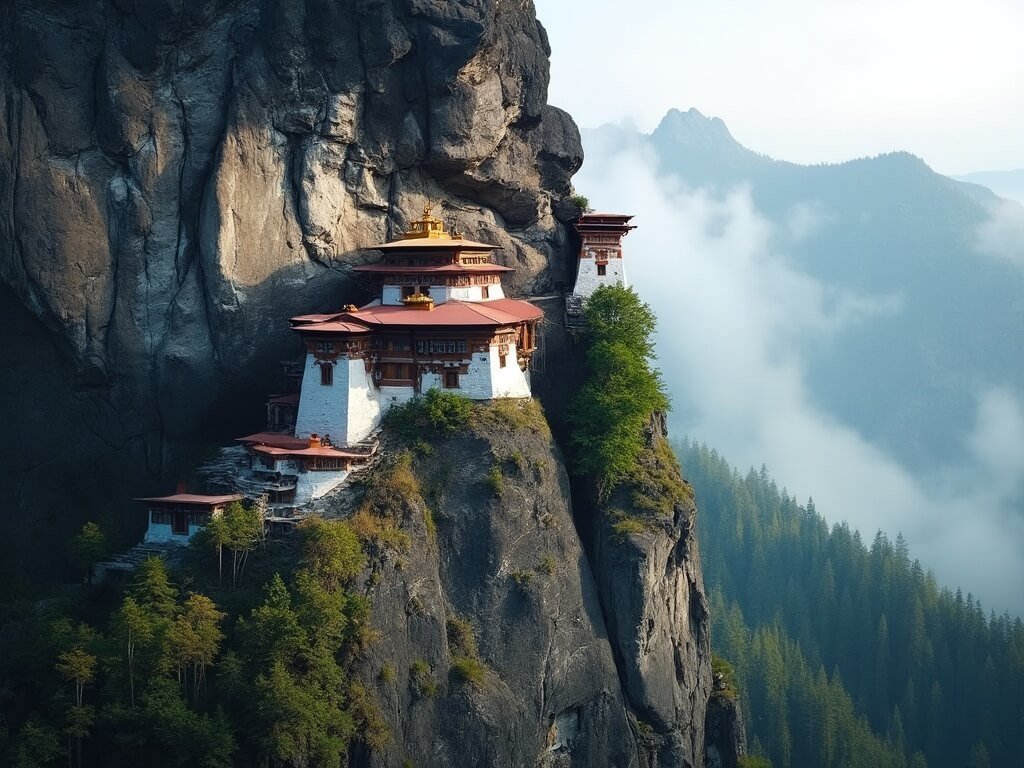 Tiger's Nest Monastery on a cliff face surrounded by misty clouds in golden morning light, pine forests and Himalayan terrain in the background