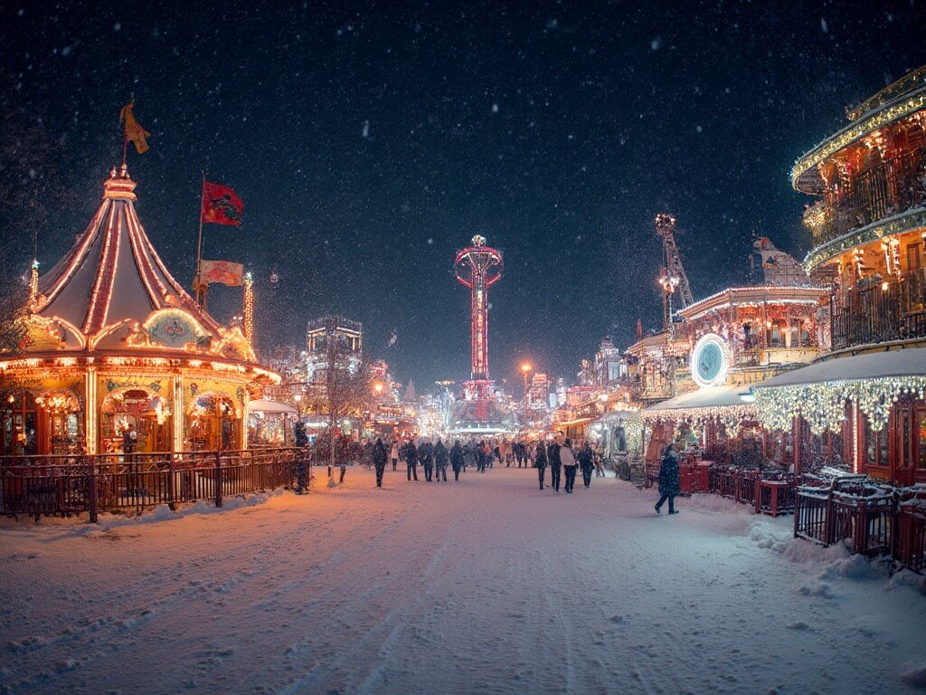 Panoramic night view of Tivoli Gardens with 70,000 Christmas lights twinkling on vintage amusement park rides in a gently falling snow, creating a magical winter wonderland atmosphere