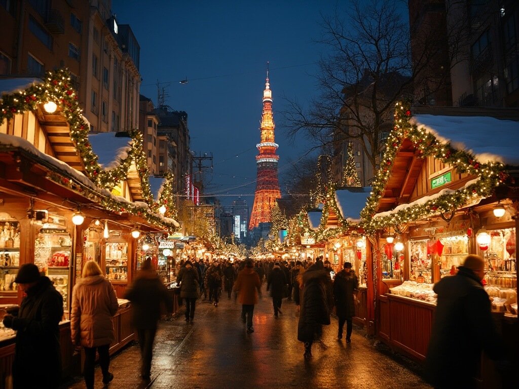 Bustling Tokyo Christmas market at night with glowing wooden stalls, people enjoying mulled wine, and Tokyo Tower in the background