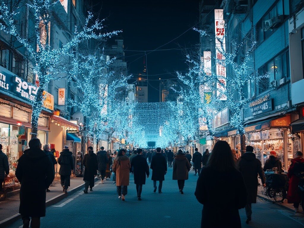 Bustling Tokyo street during Christmas season at night with blue-white LED lights, modern architecture, and people in stylish winter coats