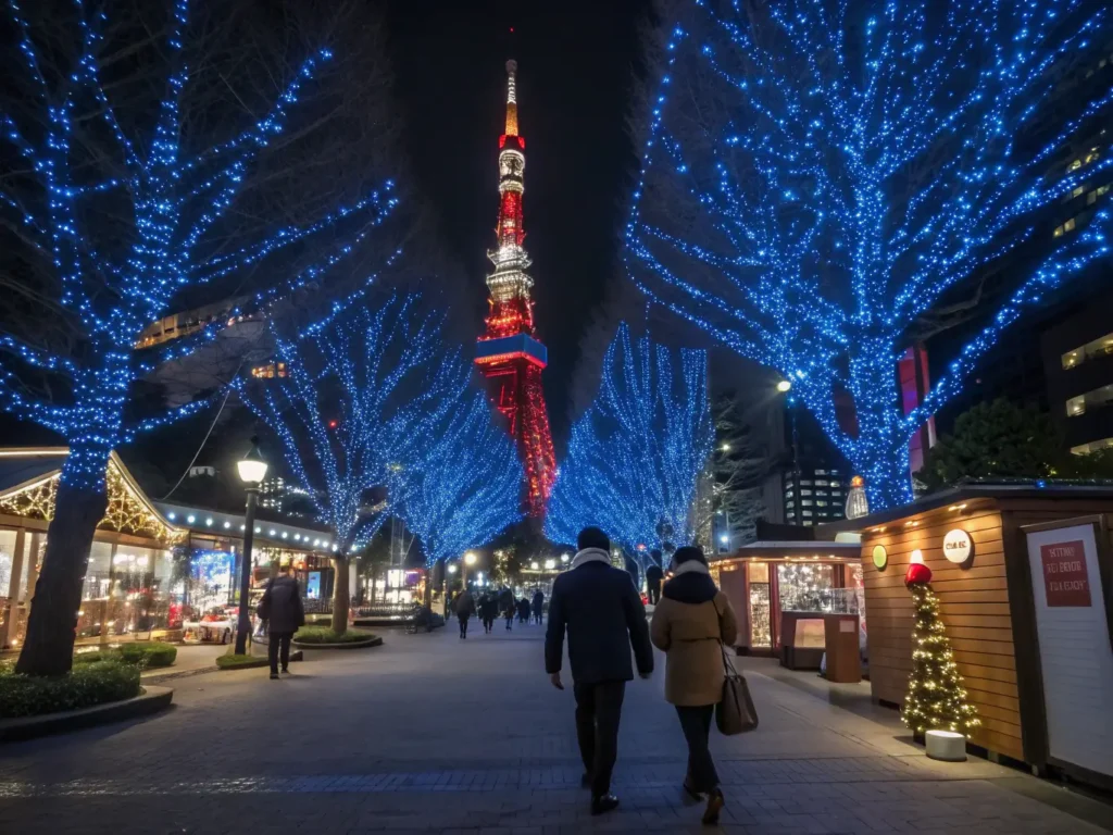 "Romantic couples stroll through Tokyo's Shibuya crossing, adorned with blue LED Christmas lights and Tokyo Tower illuminated in the background, amidst festive market stalls, neon signs, and holiday-themed shop displays."