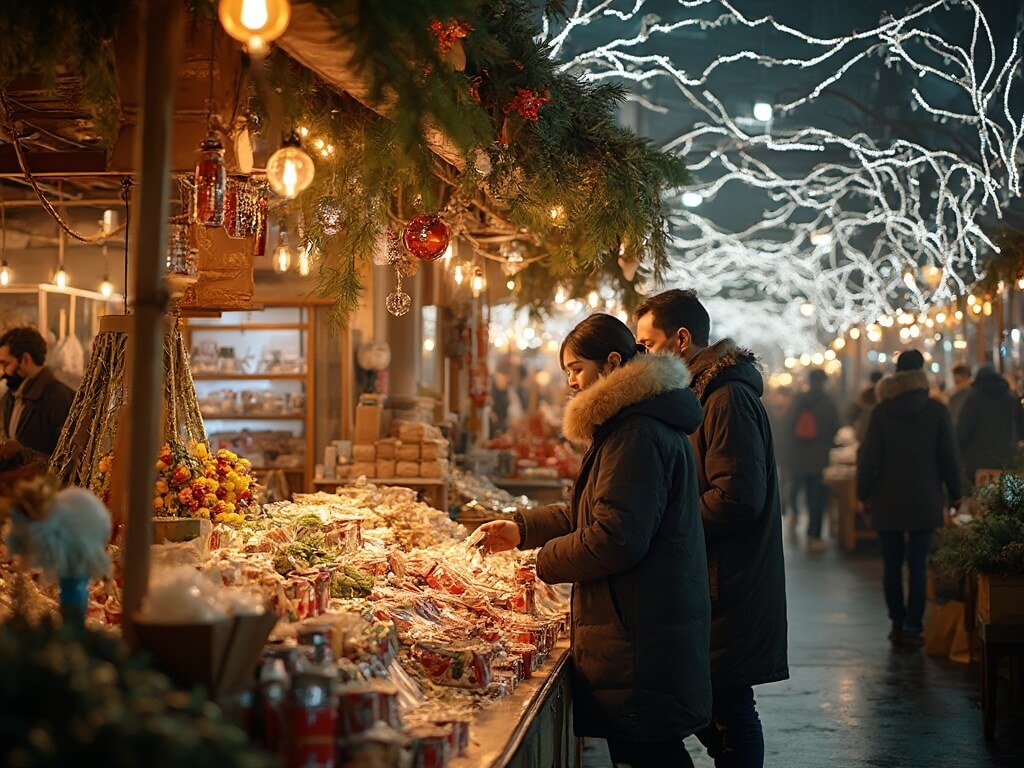 Young professionals at a sustainable Christmas market in Tokyo with eco-friendly decorations and recyclable display stands, featuring digital screens showcasing tradition and innovation