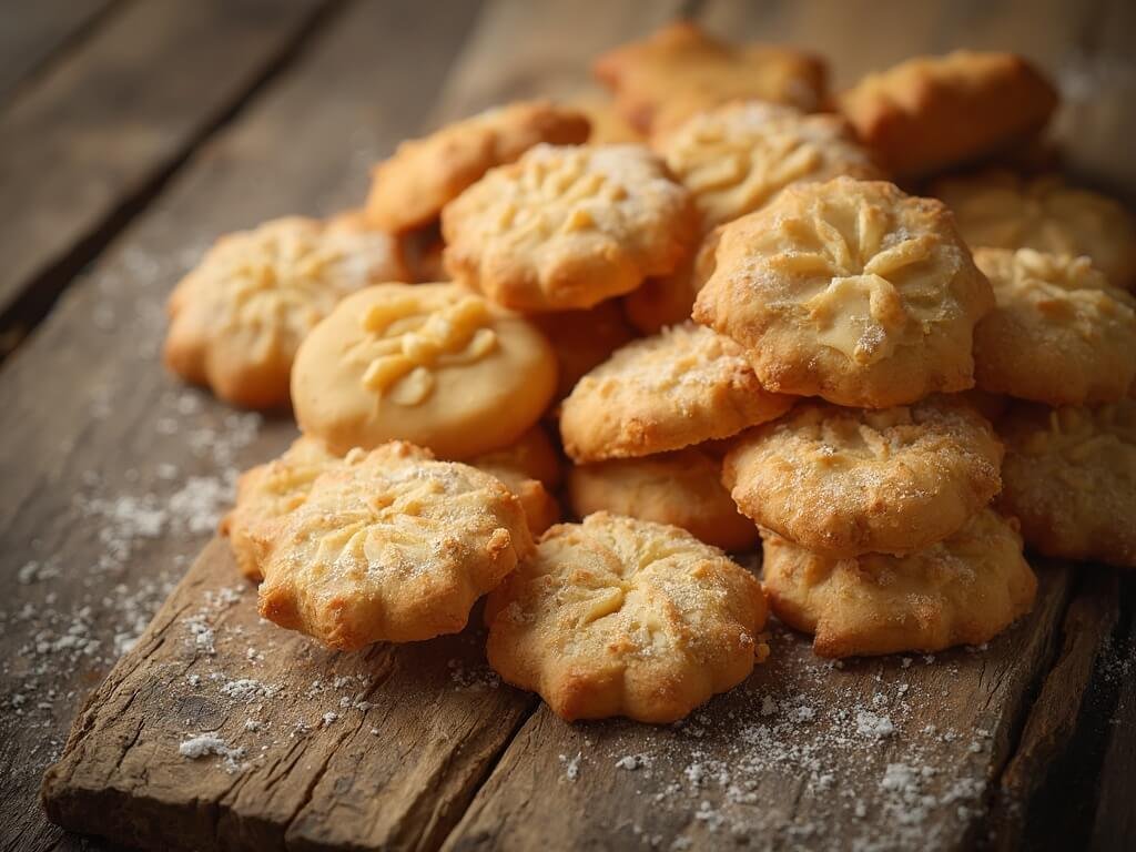 Overhead close-up of traditional Bredele cookies arranged on a rustic wooden surface, highlighted by soft winter light