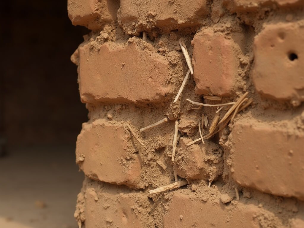 Close-up of traditional clay-brick construction technique showing textured mud walls, straw and wood reinforcements, and intricate layering under soft natural light