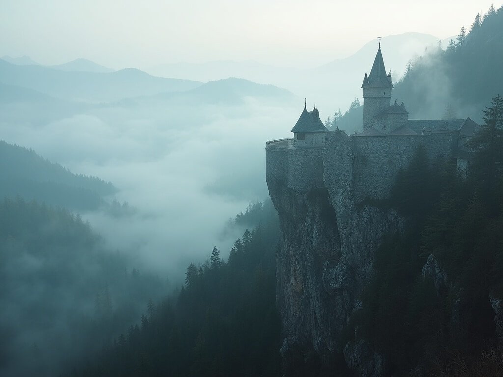 Misty Transylvanian mountain landscape featuring ancient castle ruins on rocky cliff, surrounded by pine forests and morning fog, viewed from valley perspective