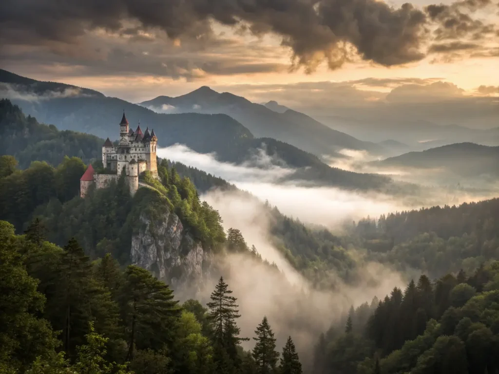 "Gothic castle on a misty cliff in Transylvania, surrounded by dense ancient forests and medieval Saxon town, with foggy mountain peaks and golden hour lighting."