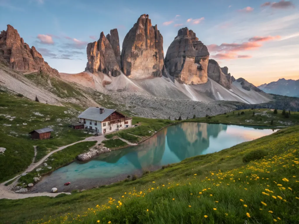 "Sunrise over Tre Cime di Lavaredo's peaks during enrosadira phenomenon with reflection in Lago di Braies and Tyrolean chalet, Italian Alps"