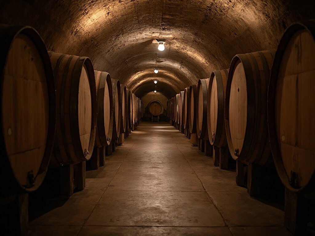 Underground wine cave with rows of aged oak barrels in soft ambient light, illustrating traditional winemaking techniques and craftsmanship