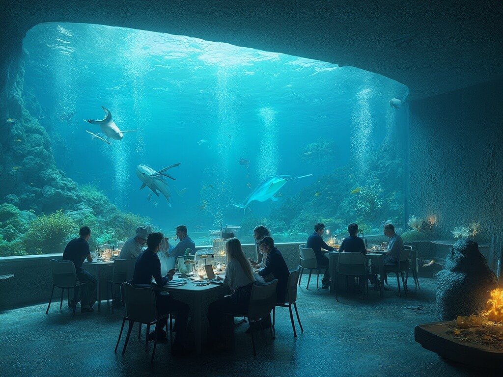 Scientists and guests working in an underwater marine research center, surrounded by colorful coral restoration tanks and marine life observation zones with soft natural lighting