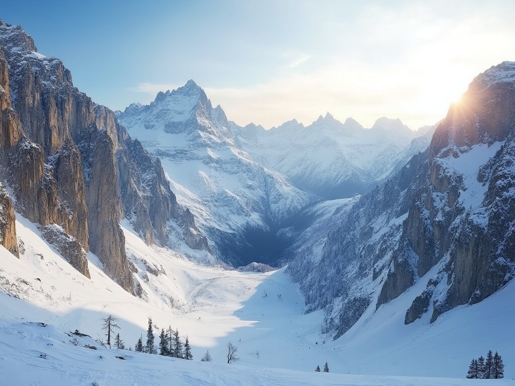 Breathtaking landscape of pristine ski slopes and dramatic limestone peaks in early morning light at Val Gardena