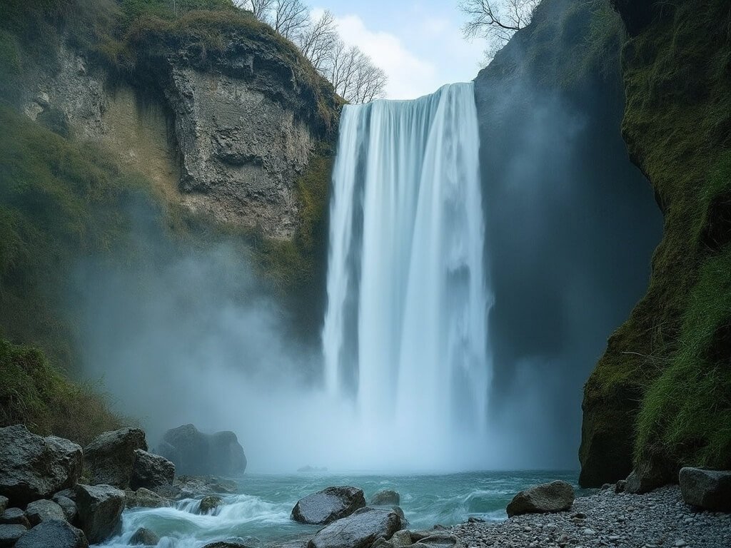 Close-up of Veliki Slap waterfall's 78-meter drop against limestone canyon, misty atmosphere with surrounding green vegetation and rocky terrain