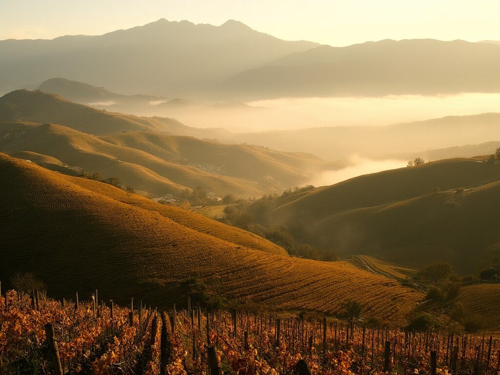 Early autumn light illuminating vineyard hills with Sierra de Cantabria mountains in the background and mist over the vines