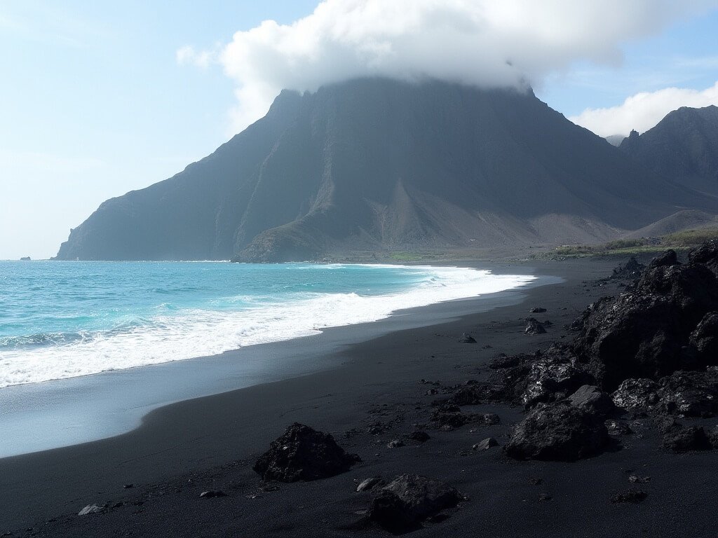 Panoramic view of black volcanic sand beach, turquoise ocean water, and dramatic mountain backdrop in early morning light with pronounced shadows, devoid of people