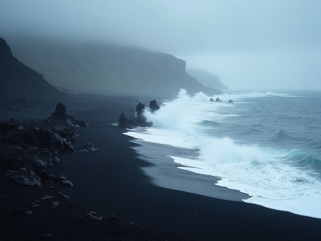 Dramatic black sand beach with steaming volcanic rocks, powerful waves crashing on rugged coastline, and misty volcanic landscape under dramatic lighting