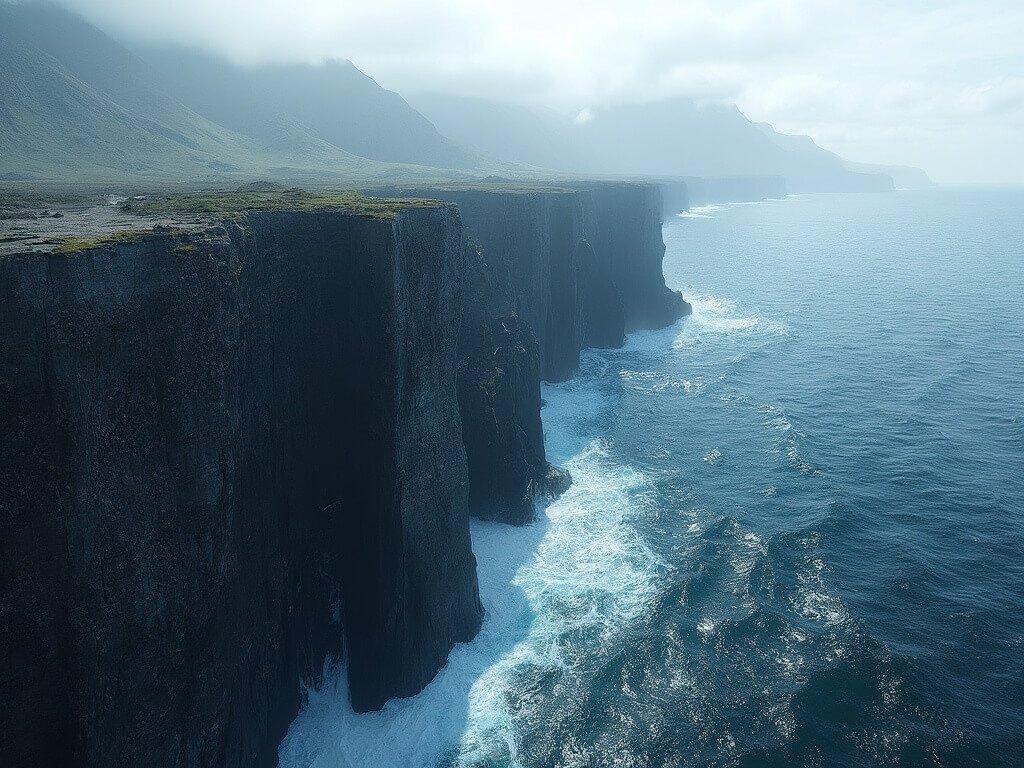 Dramatic overhead capture of steep volcanic cliff plunging into deep blue Atlantic waters, with jagged rocks and misty mountains in the background