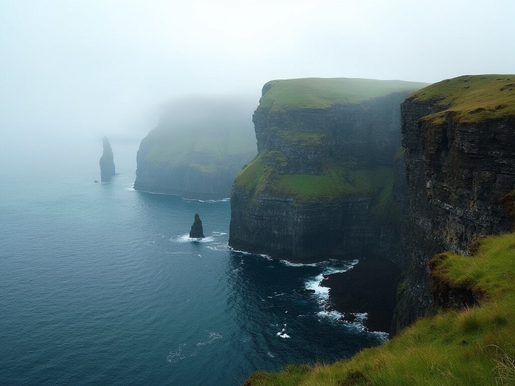 Misty panoramic view of steep volcanic basalt cliffs with lush green tops rising from the North Atlantic Ocean under overcast lighting