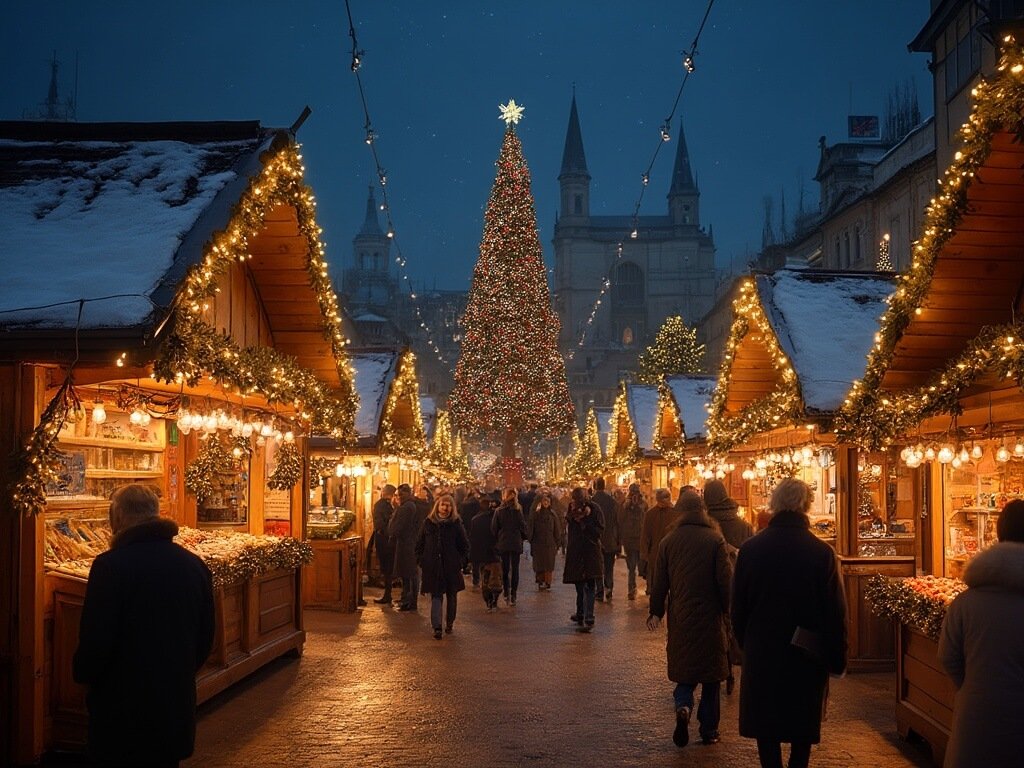 Nighttime view of Vörösmarty Square Christmas Market with people in winter coats, lit up market stalls, festive decorations, and a grand Christmas tree in the background