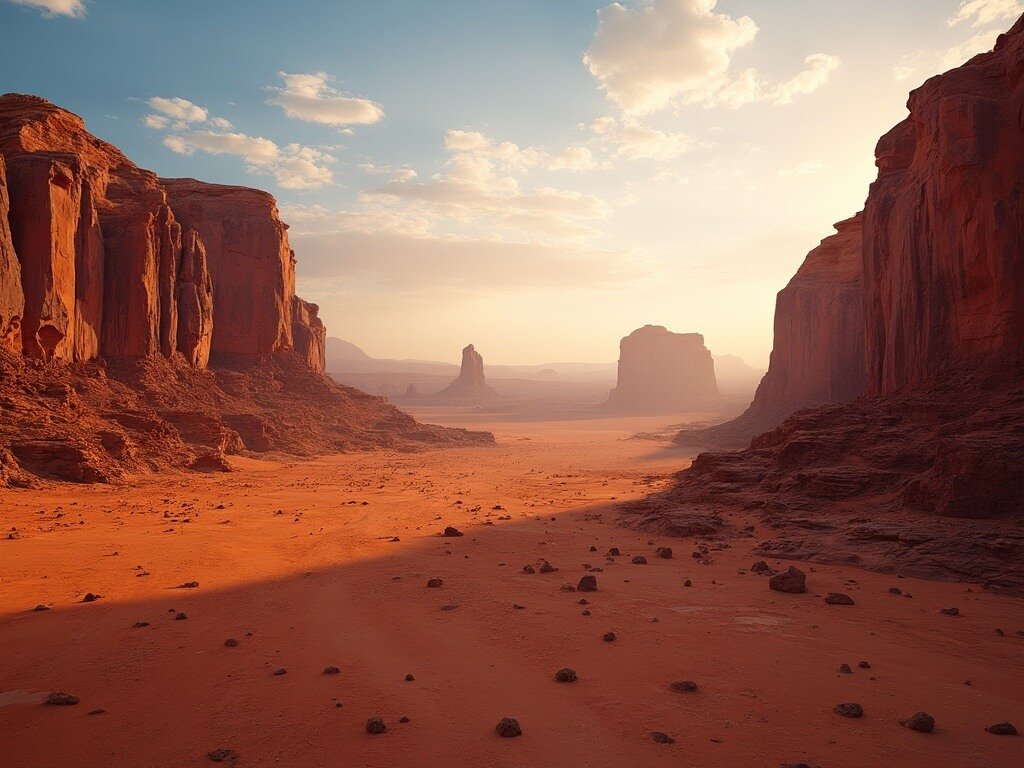 Wadi Rum's desert landscape during golden hour with towering red sandstone formations and vast rugged terrain