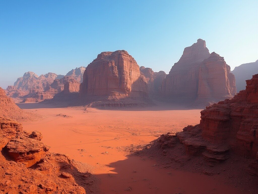 Panoramic view of red sandstone mountains in Wadi Rum under a clear blue sky during golden hour