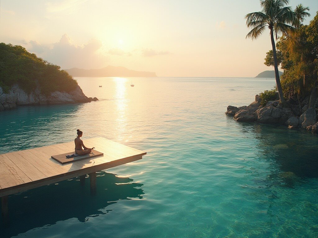 Lone individual practicing yoga on a minimalist wellness deck suspended over crystal clear waters during golden hour, with a tropical marine landscape in the background