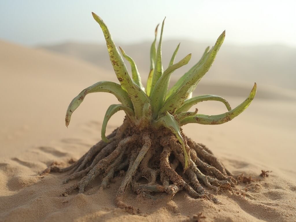 Close-up of a welwitschia plant's intricate roots and weathered leaves with soft morning fog in a sandy desert background