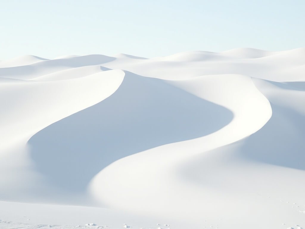 Bright sunlight casting long shadows on smooth, undulating white sand dunes towering 40 meters high