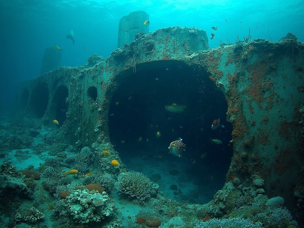 Underwater image of a coral-encrusted WWII Japanese shipwreck teeming with colorful tropical fish
