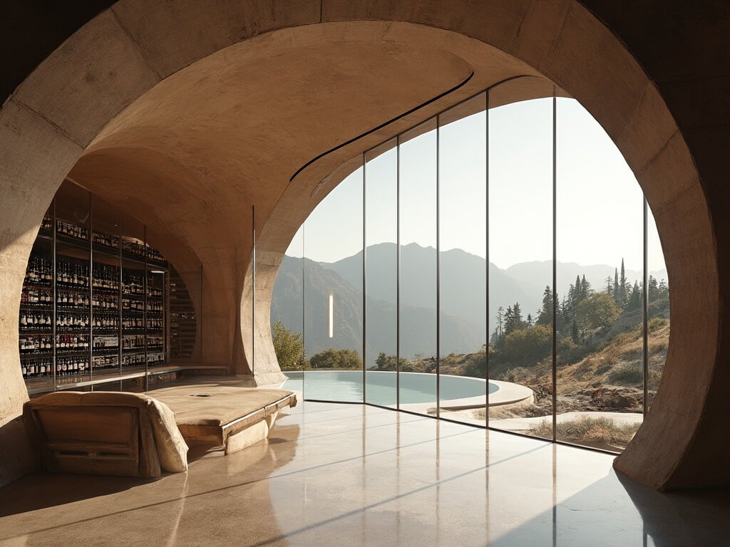 Interior view of Ysios Winery's modern cellar design with curved lines, minimalist elements, natural light, and mountain reflections through floor-to-ceiling windows