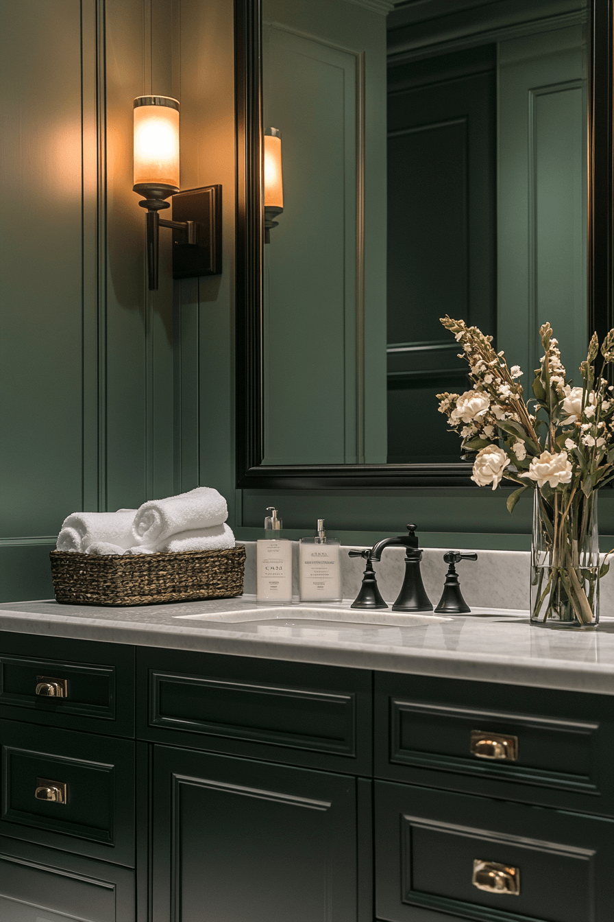 14 Glamorous Green And Noir Bath - sage green and black bathroom design inspiration