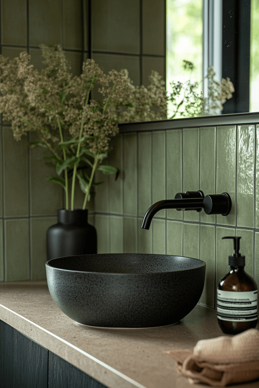 15 Striking Sage Black Revival - sage green and black bathroom design inspiration