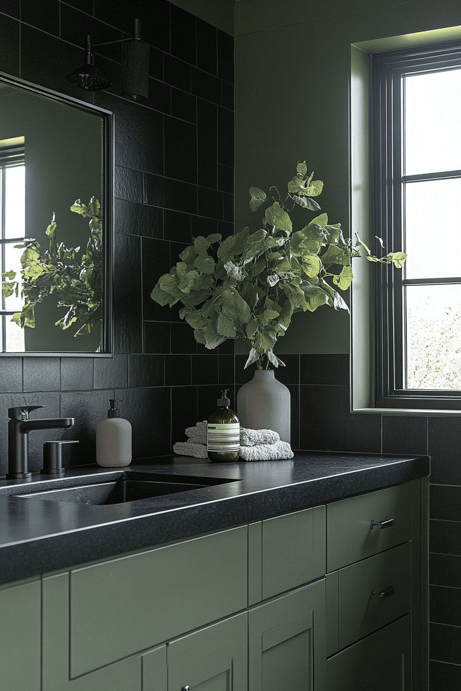 16 Sage With Bold Black Tile - sage green and black bathroom design inspiration