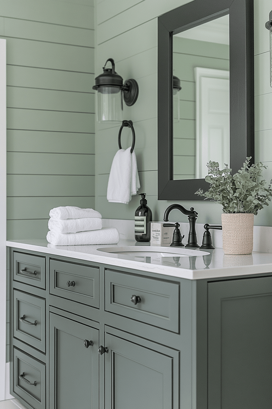 17 Gentle Green Bold Black Bath - sage green and black bathroom design inspiration